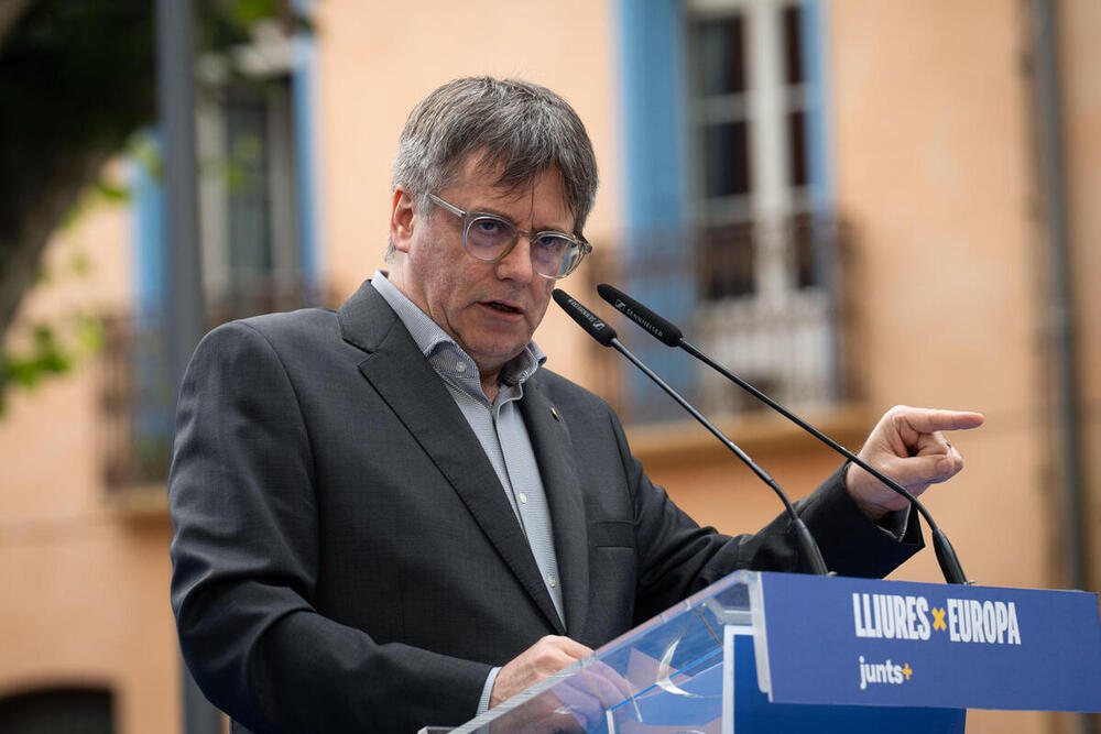 Imagen de archivo del expresidente de la Generalitat, Carles Puigdemont, durante un acto de campaña de JxCat para las elecciones europeas. 