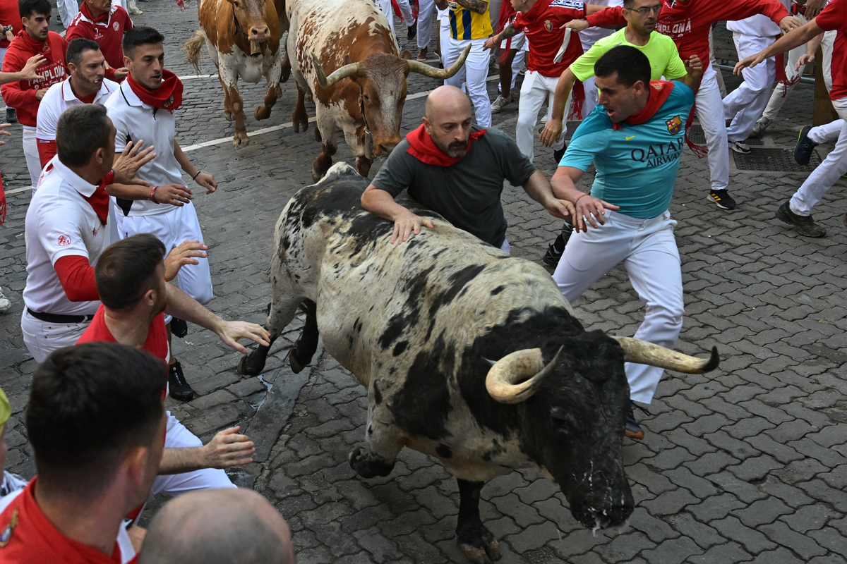 Los toros Cebada Gago protagonizan un encierro rápido y peligroso  / EFE/DANIEL FERNÁNDEZ